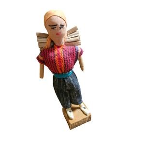 VTG Guatemalan Huipil Doll Handmade Folk Art Wood Gatherer Figurine 6" Souvenir.